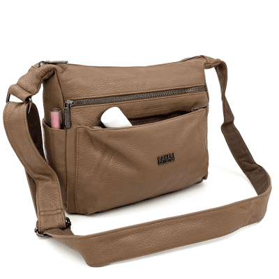 Чанта за през рамо с много джобове - светло кафява