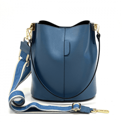 Дамска чанта от естествена кожа с 2 дръжки - синя