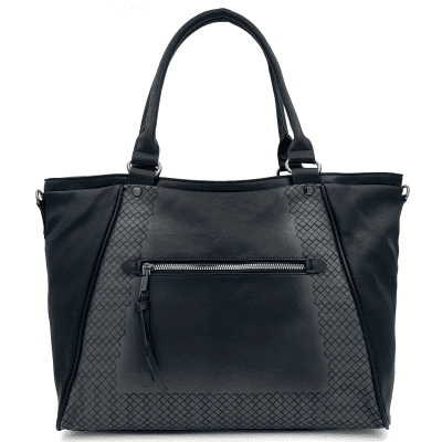 Голяма дамска чанта тип торба с опушени детайли - черна