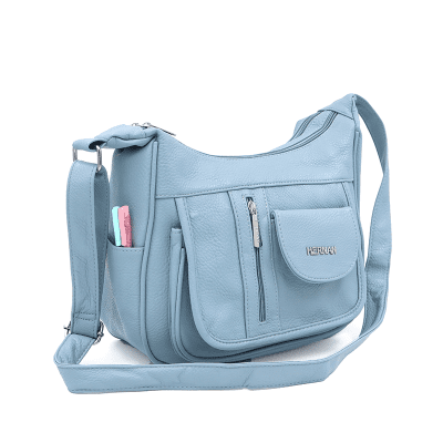 Чанта за през рамо с 2 отделения и много джобчета - светло синя