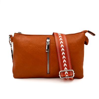 Чанта за през рамо с 3 отделения и цветна дръжка - оранжева