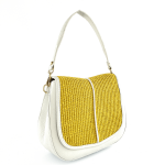 Дамска чанта от естествена кожа с 2 дръжки и ръчно изтъкана рафия - бяло/жълто