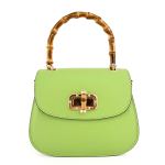 Дамска чанта от естествена кожа с бамбукова дръжка - зелена